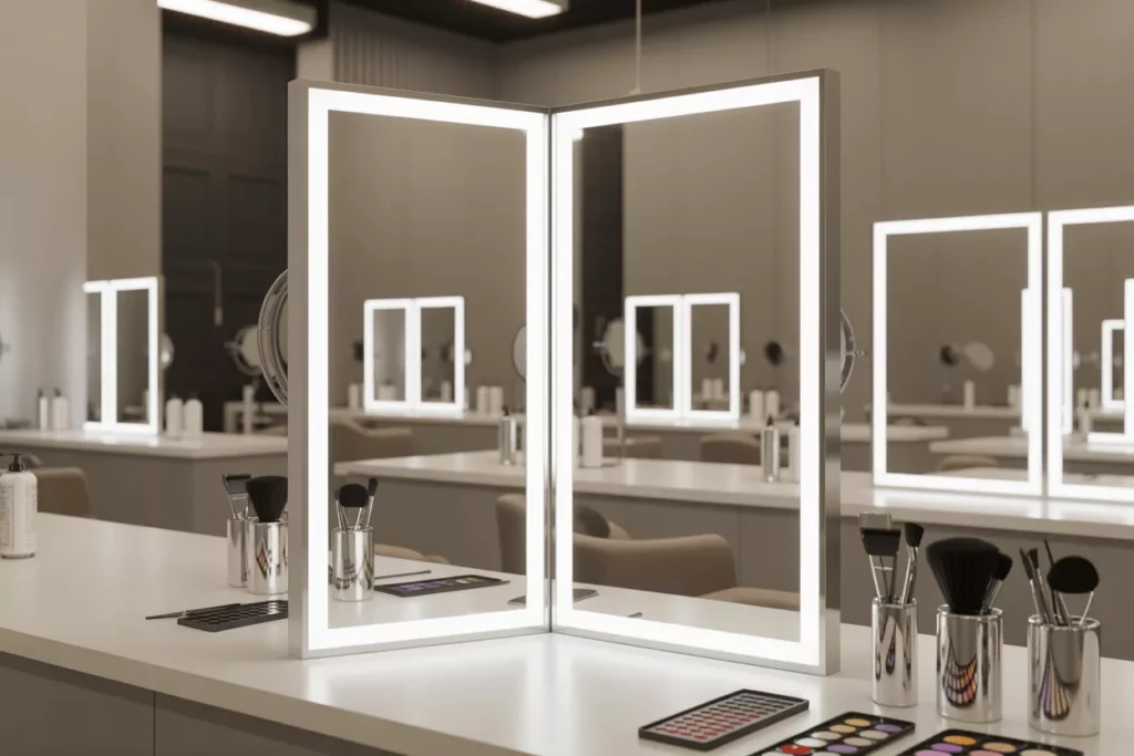 Two mirrors set at right angles in a modern salon creating a true, non-reversed reflection for precise styling work.