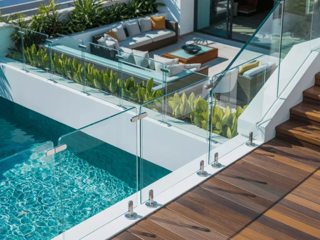 Outdoor pool, deck, and rooftop lounge with tempered glass fences, railings, and wind barriers showing style and safety.