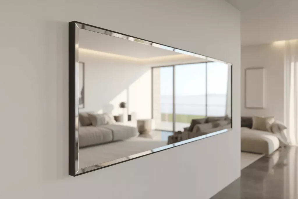 Large plane mirror on a wall reflecting natural light in a modern home interior, creating a bright and spacious look.