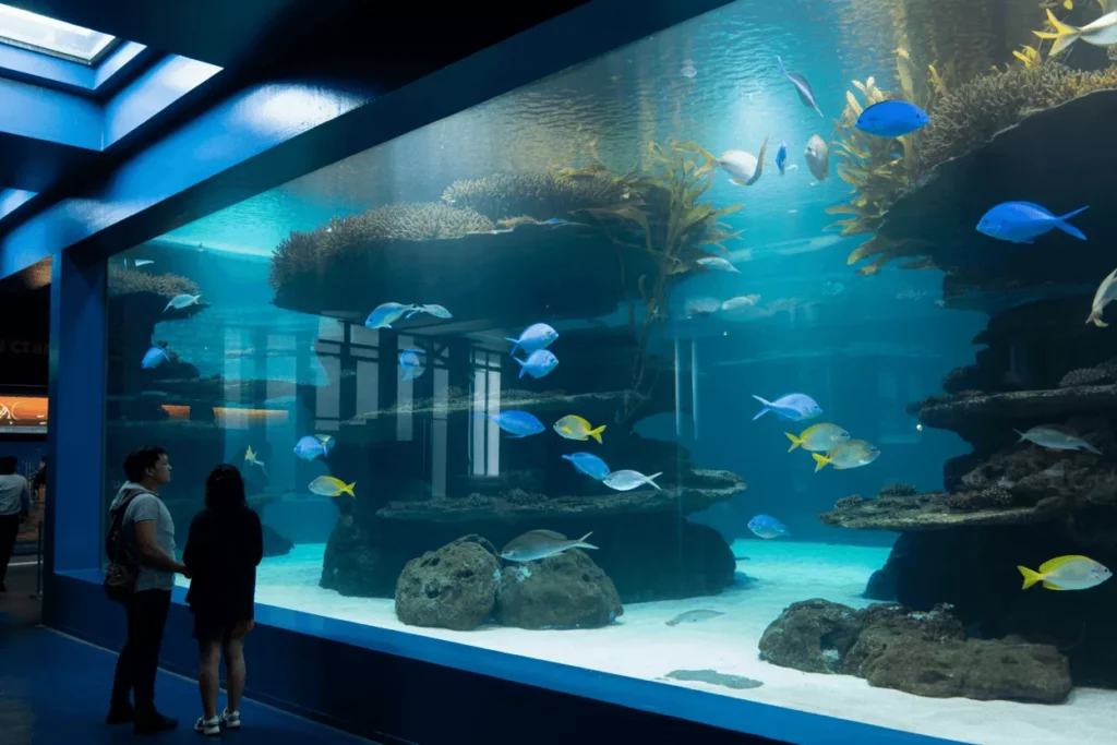 Large public tank built with durable polycarbonate panels, shown as an alternative to glass for aquariums in a realistic setting.