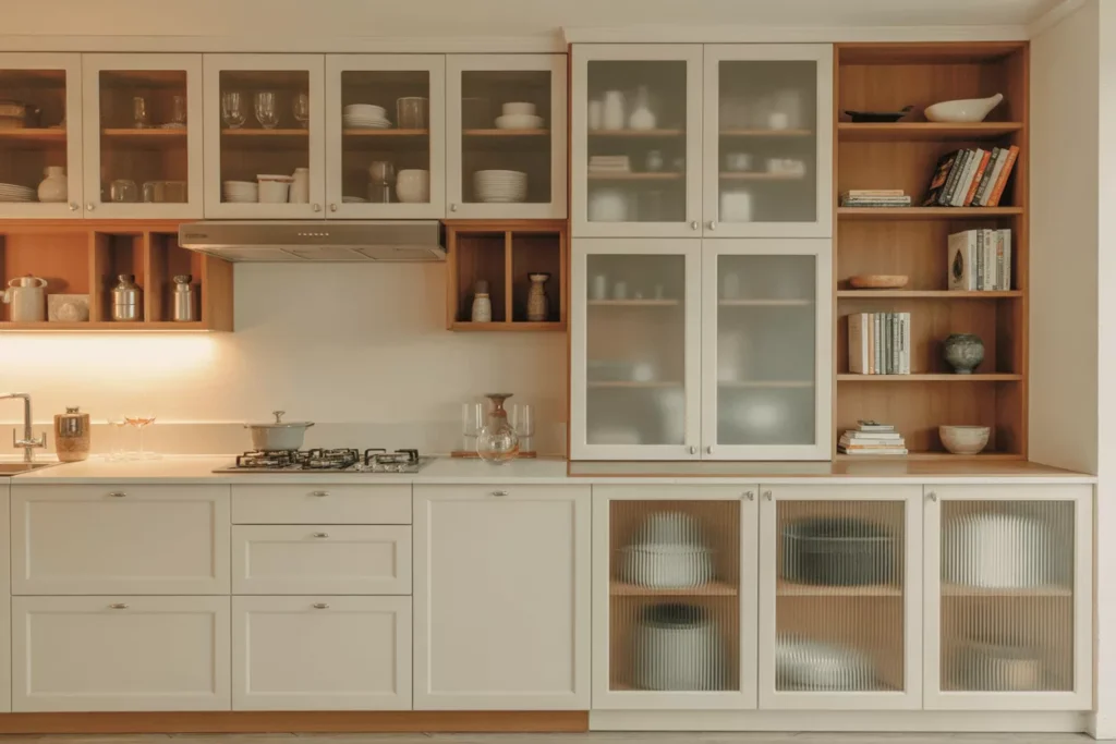 Kitchen with glass upper cabinets, solid lowers, frosted units by range hood, and tinted glass near dining area for balance.