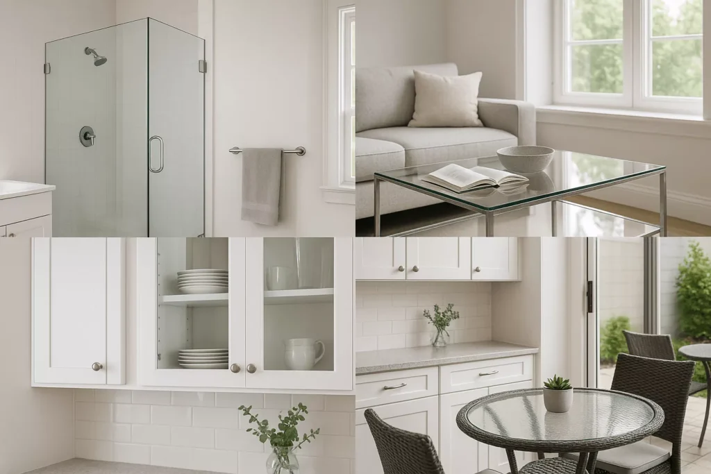 Tempered glass used in shower doors, tables, cabinets, and patio furniture, showing clarity, safety, and strength.