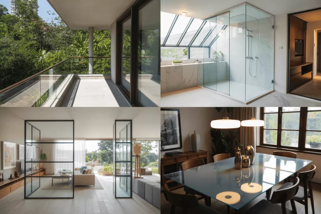 Tempered glass used in homes for balconies, showers, room dividers, and furniture, showing safety and modern design.