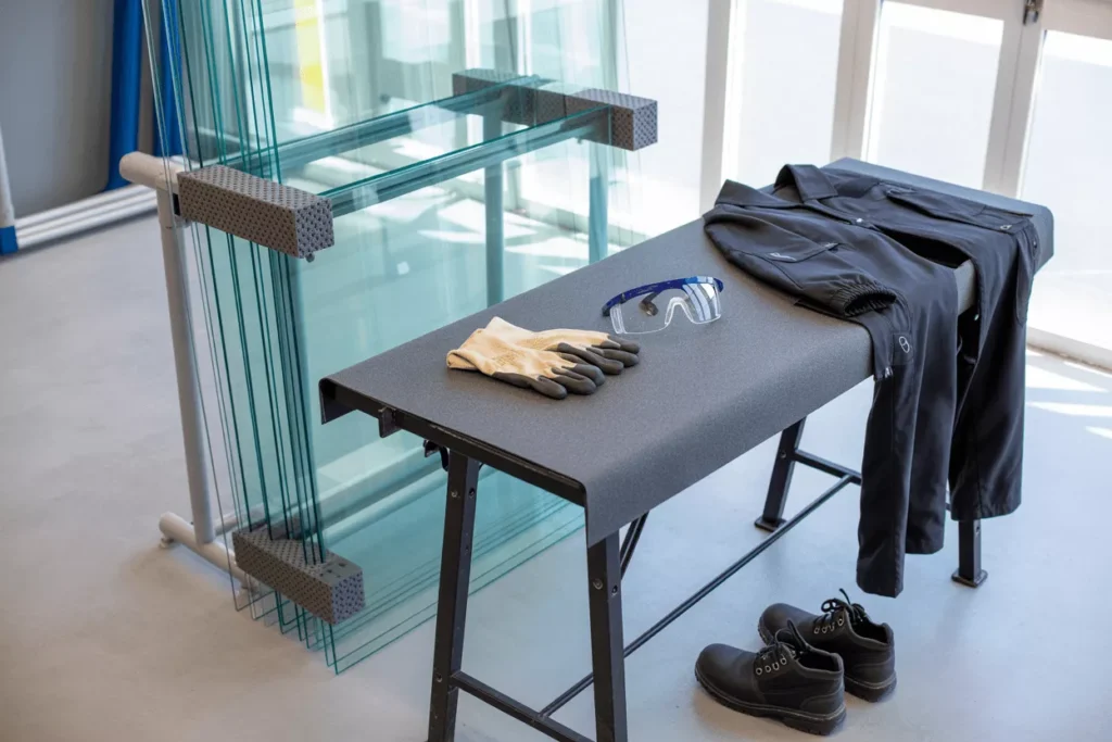 Tempered glass panel stored vertically with foam padding beside PPE gear in a tidy workshop focused on safe handling use.