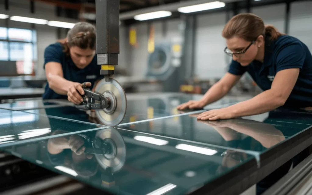 Technician scoring and snapping glass sheet with precision cutter in workshop, preparing shapes before tempering.