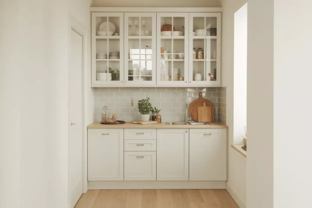 Small bright kitchen with glass front cabinets and neutral colors reflecting light, making the compact space feel larger and airy.