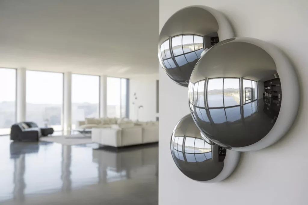 Spherical mirrors mounted in a bright open-plan room reflecting panoramic views and light for artistic visual effect.