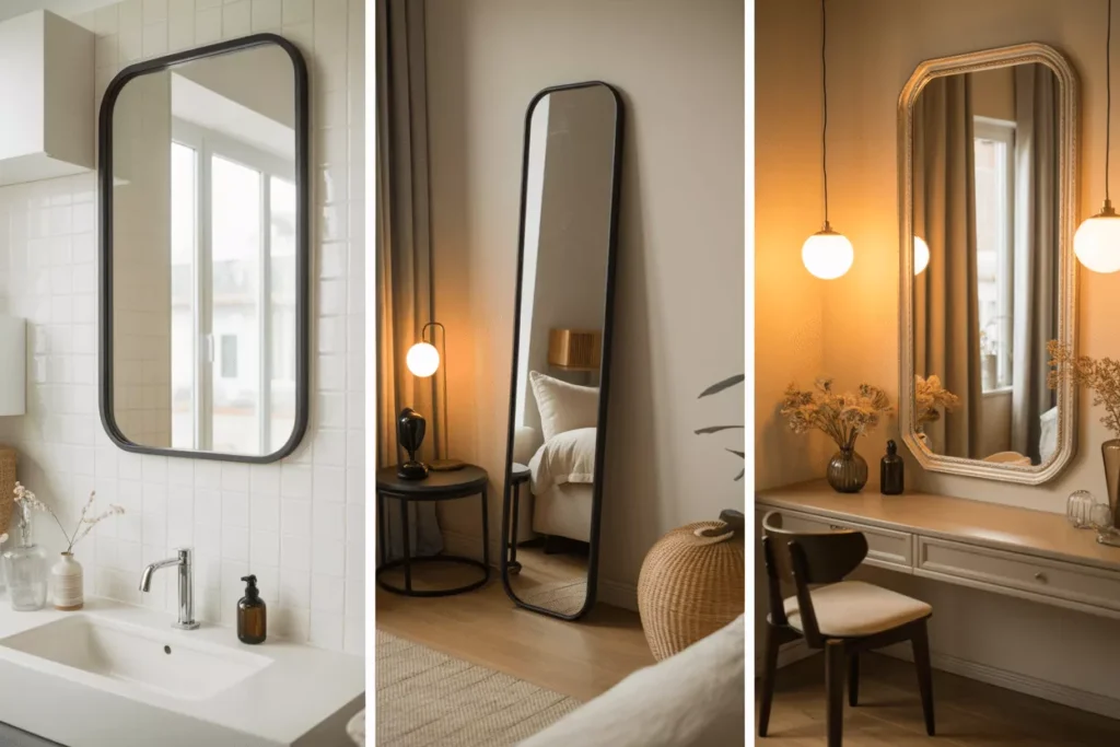 Standard mirrors in a bright home interior reflecting light naturally, blending with modern bathroom and bedroom décor.