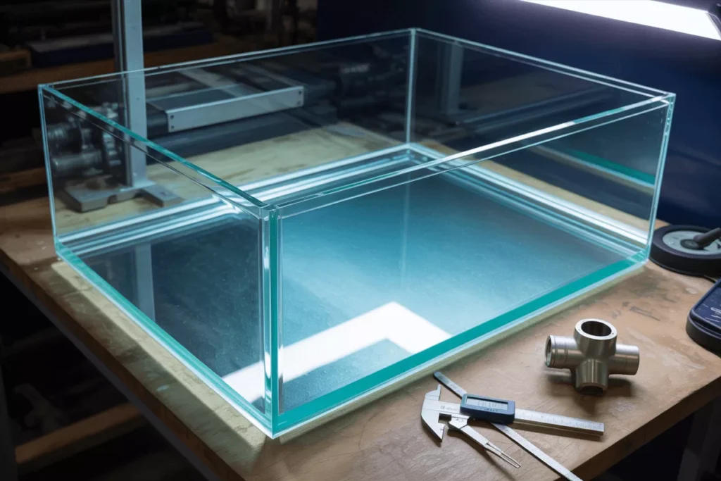 Tempered glass tank on a sturdy stand with a thick bottom panel and thinner side walls, showing strength and clarity in a workshop setting.