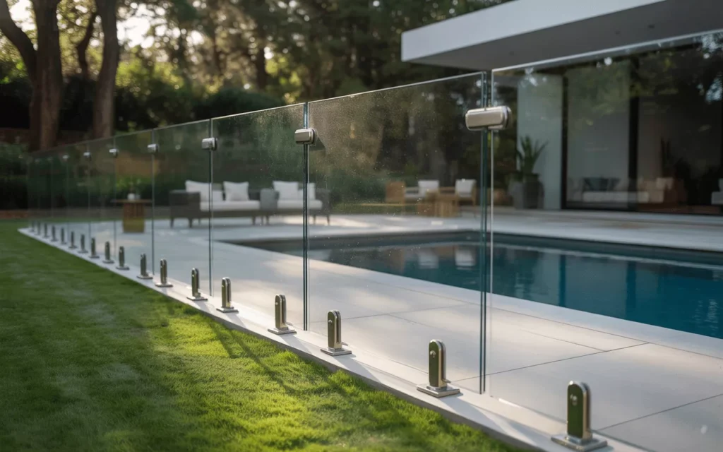 Modern backyard with frameless tempered glass pool fence, showing safety, elegance, and clear outdoor views.