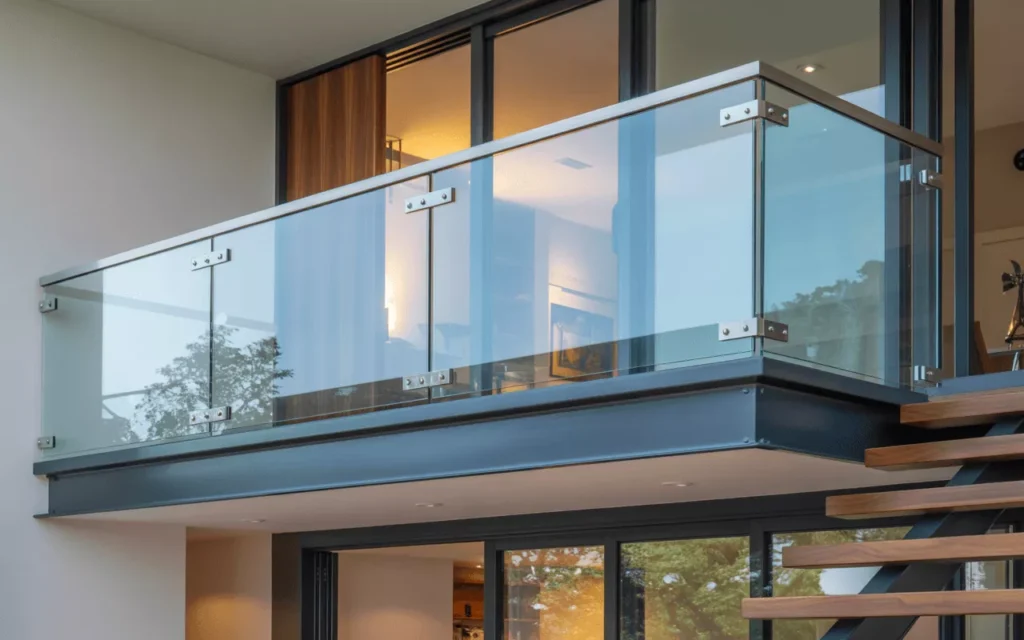 Modern home with clear tempered glass railings on balcony and stairs, showing safety, openness, and elegant design.
