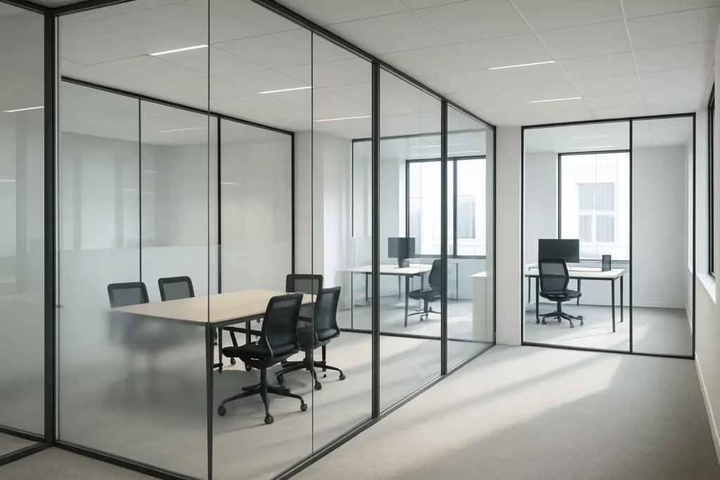 Modern office with tempered glass wall panels dividing rooms, bright light, acoustic separation, and minimalist design.