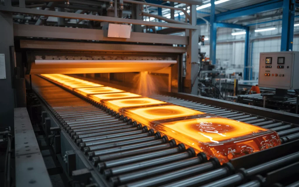 Glowing glass sheets cooling in tempering furnace with air jets, showing heat treatment and strength formation process.