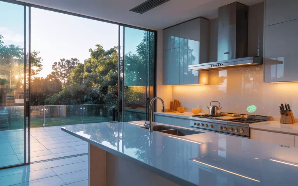 Tempered glass panels in kitchen and patio areas, showing resistance to heat, sunlight, and temperature changes.