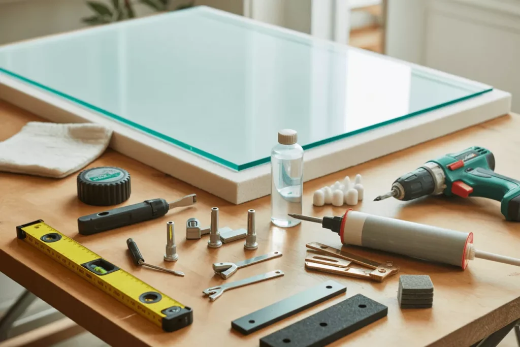 Workbench with tools, hardware, sealant, and custom tempered glass panel prepared for precise professional installation.