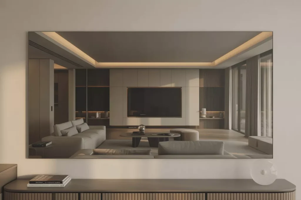 Two-way mirror in a modern living room revealing a hidden smart display beneath its reflective surface for sleek design.