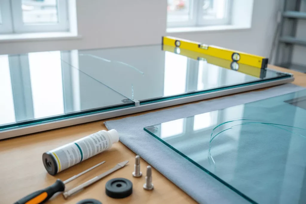 Tempered glass panel checked with level, tools and silicone nearby, plus scratched sample suggesting repair/replacement.