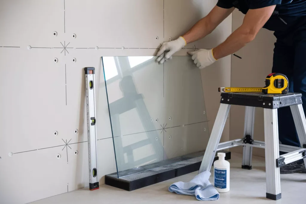 Level, marks, tools, and a glass panel being dry-fitted against a cleaned wall surface, prepared for precise tempered glass installation.
