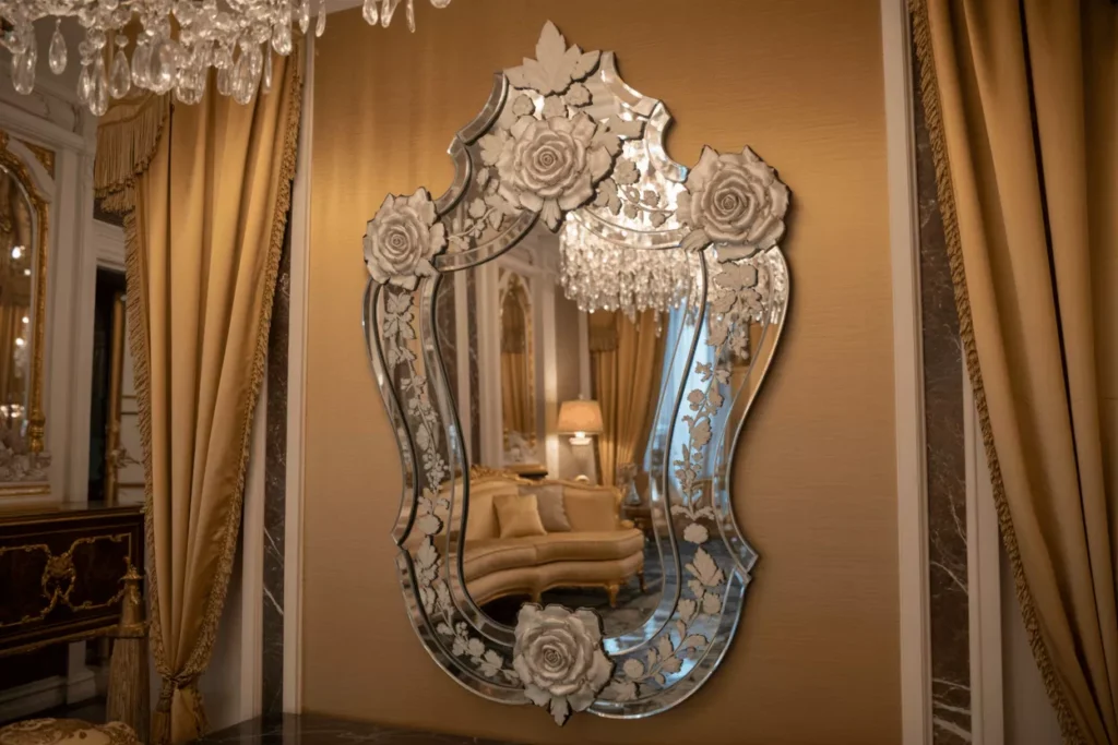 Ornate Venetian mirror with etched glass details reflecting soft chandelier light in a luxurious classic interior setting.