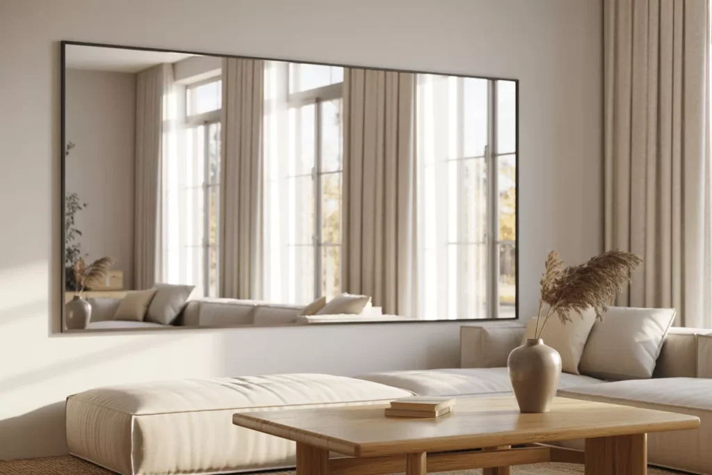 Large wall-mounted mirror reflecting natural light in a modern living space, brightening and opening up the interior.