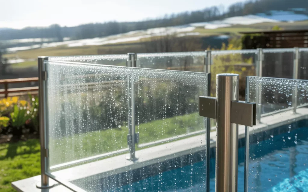 Tempered glass railings and pool fences under sunlight and rain, showing clarity, weatherproof, and UV resistance.