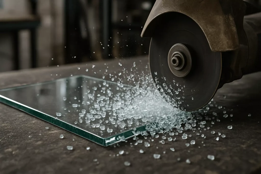 Tempered glass breaking into small fragments as a cutting wheel touches surface, showing instant shattering reaction.