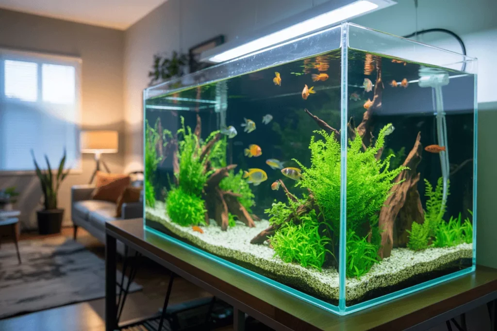 Clear Fish Tank Glass aquarium on a sturdy stand with thick base panel, walls, plants, rocks, and colorful fish inside!!