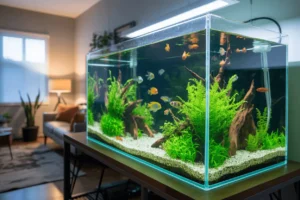 Clear Fish Tank Glass aquarium on a sturdy stand with thick base panel, walls, plants, rocks, and colorful fish inside!!