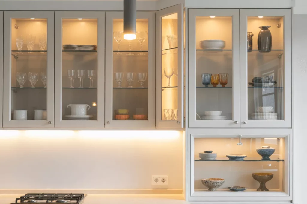 Upper, corner, end, and island glass kitchen cabinets with soft interior lighting showcasing dishes and enhancing brightness.
