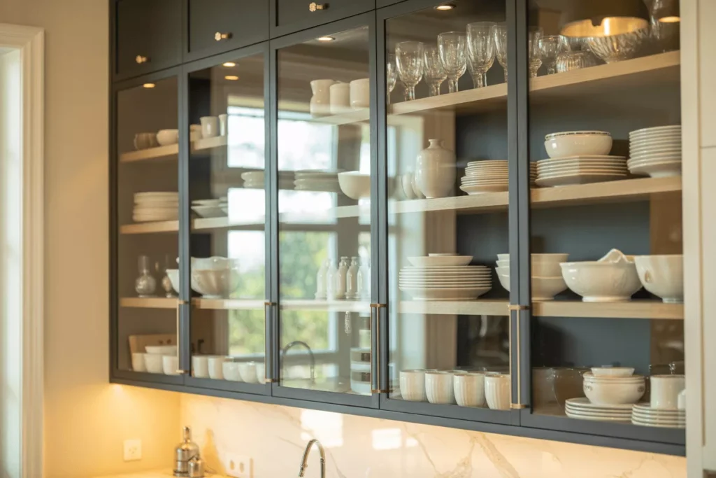 Bright modern kitchen with glass front cabinets reflecting natural light and showcasing organized dishware elegantly.