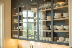 Bright modern kitchen with glass front cabinets reflecting natural light and showcasing organized dishware elegantly.