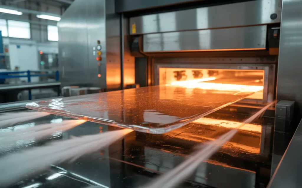 Tempered glass cooling in furnace with air jets, showing real manufacturing process and heat treatment precision.