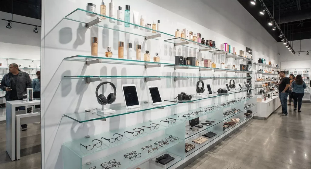 Retail display with glass shelves of various sizes holding cosmetics, electronics, and apparel, showing reflections and shadows.