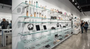 Retail display with glass shelves of various sizes holding cosmetics, electronics, and apparel, showing reflections and shadows.