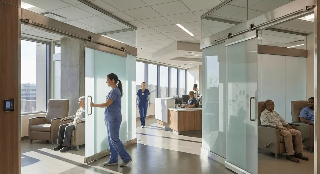 Real hospital ward with frosted and smart glass partitions, staff and patients, natural light, and functional hardware.