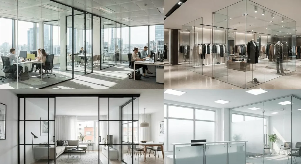 Glass partitions in offices, retail, residential, and healthcare, showing modern layouts, privacy, and natural light.
