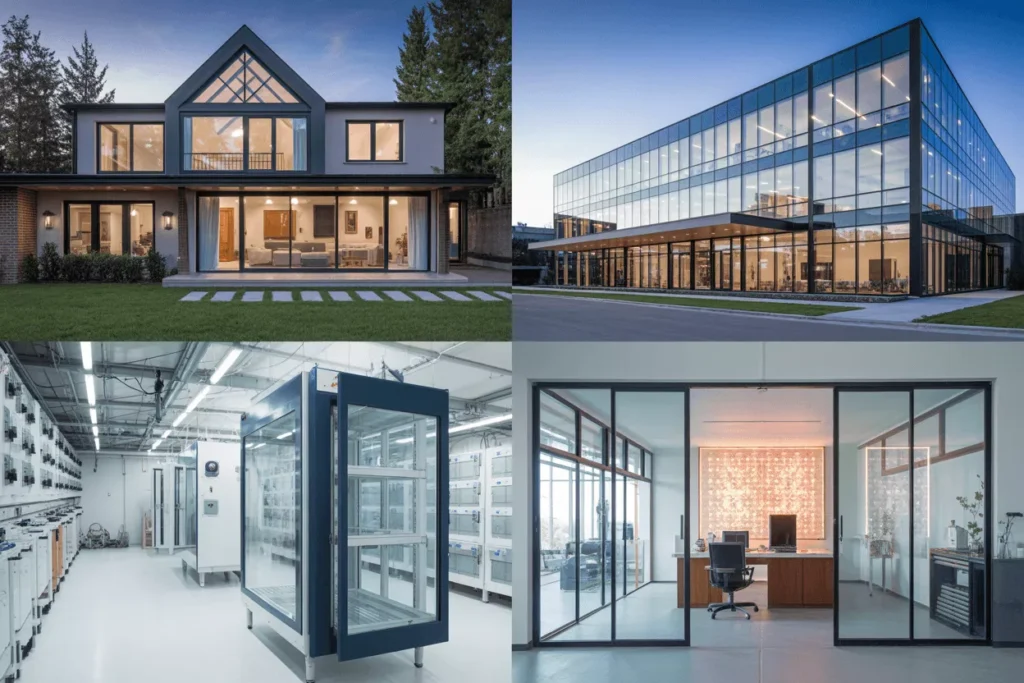 Various insulated glass applications shown in homes, commercial buildings, industrial spaces, and modern interior design.