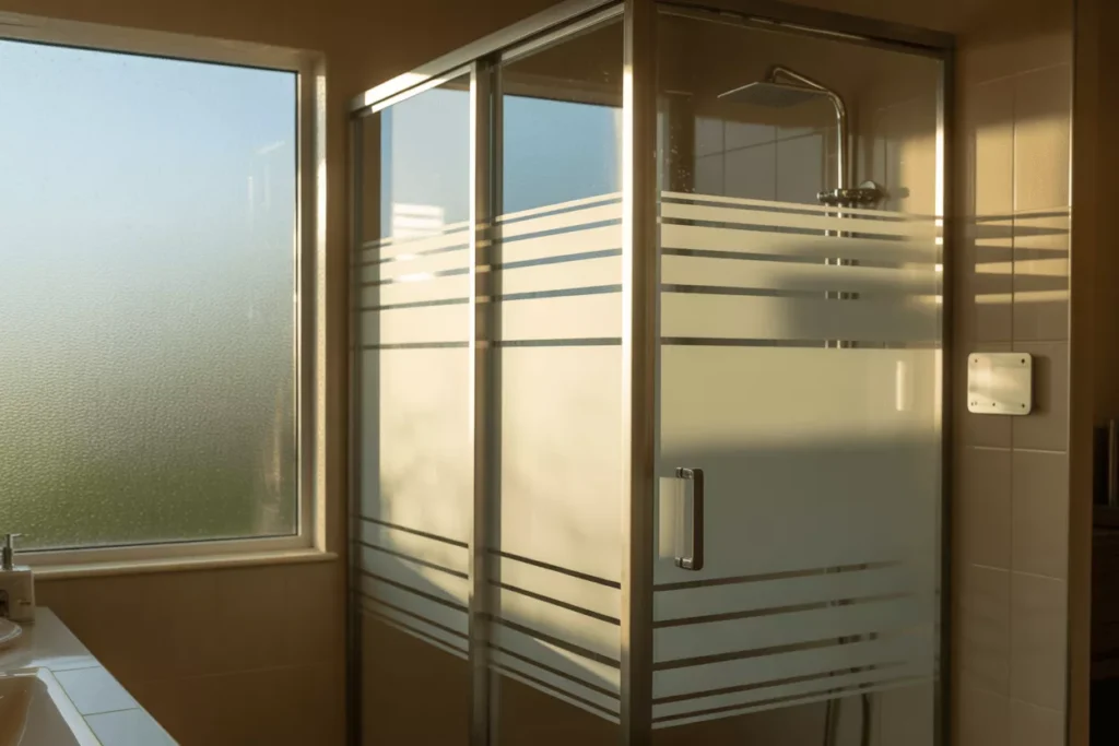 Modern bathroom with frosted privacy glass window and shower enclosure featuring privacy and switchable glass panels.