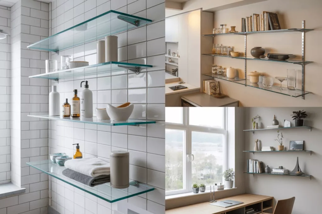 Tempered glass shelves in various rooms displaying décor and essentials, highlighting strength, cleanliness, and visual openness.