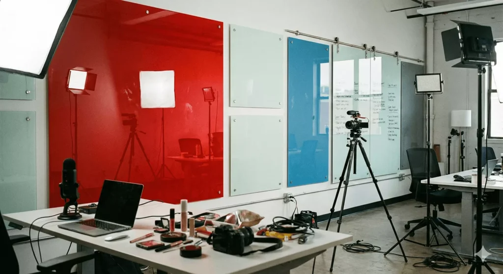 Real content studio with low-iron, standard, magnetic, and large back-painted glass panels in use, showing accurate colors, reflections, and a practical filming environment.