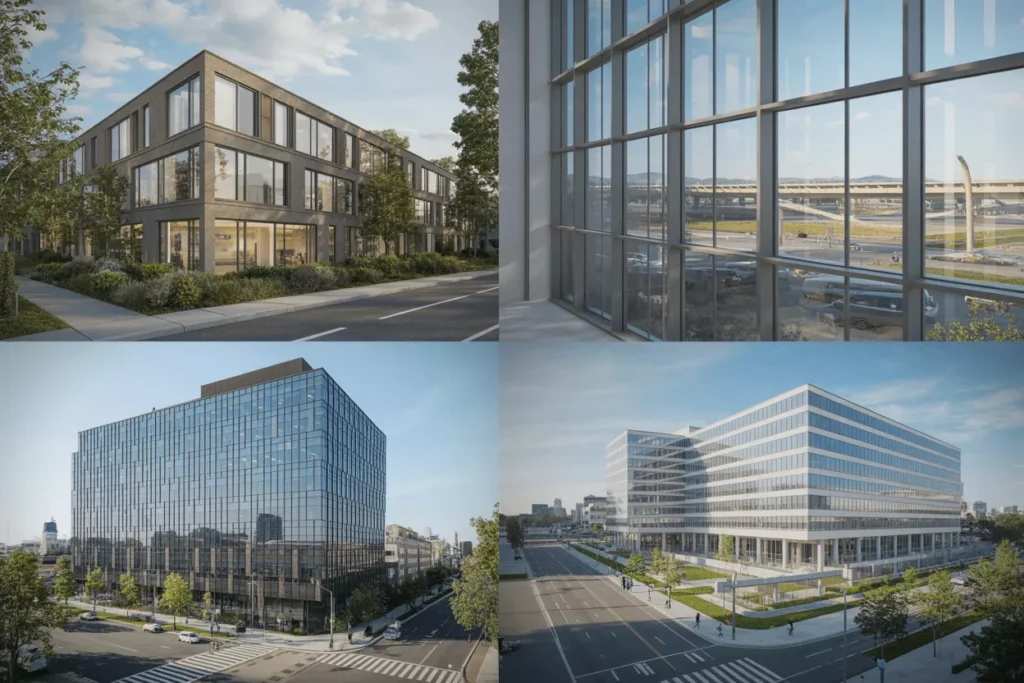 Buildings with insulated glass for specific noise levels: street, aircraft, commercial, and studio/medical setups.