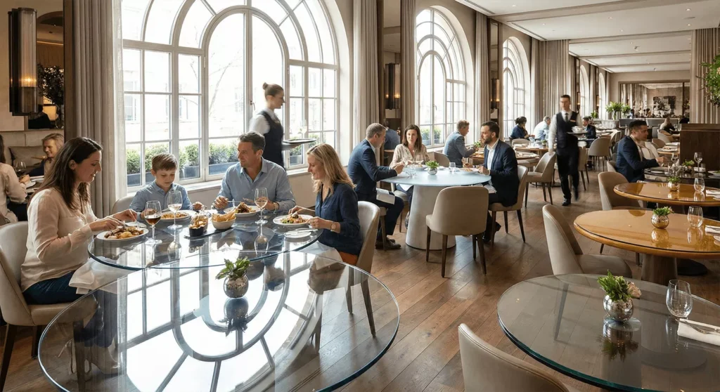 Round restaurant tables with tempered, laminated, frosted, and tinted glass showing reflections and upscale hospitality setup.