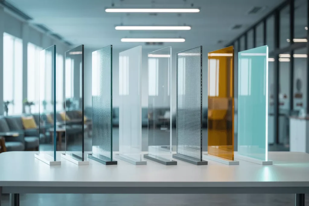 Various senior-safe glass types—tempered, laminated, frosted, low-iron, antimicrobial, and smart glass—displayed together.