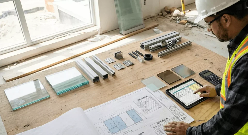 Realistic layout of glass partition materials, hardware, and cost planning documents on a contractor’s worktable for budgeting.
