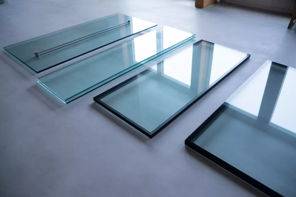 Overhead view of four insulated glass panels with varying designs arranged neatly on a surface, lit by natural light.