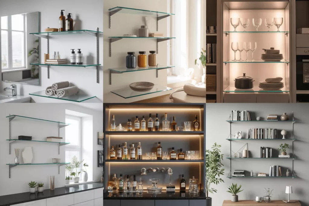 Glass shelves used in bathrooms, kitchens, bars, cabinets, and living rooms, showcasing versatile storage and modern design.