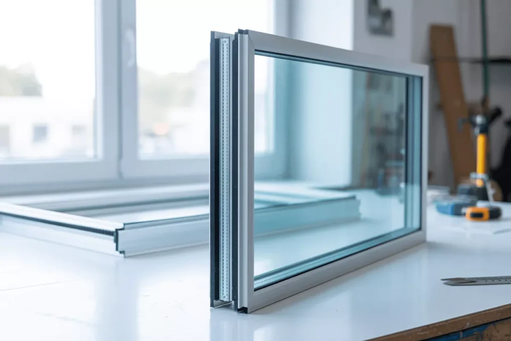 Double pane insulated glass panel with two sheets and a single sealed cavity displayed on a workshop bench for clarity and structure.
