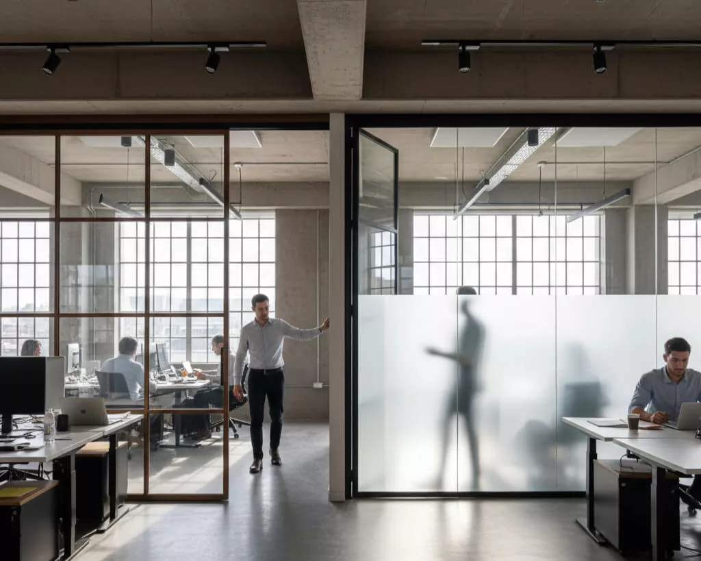 Real office with employees using sliding, folding, and smart glass partitions, natural light, and functional workspaces.