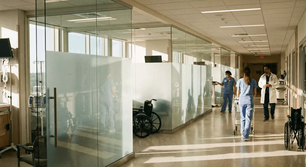 Frosted glass partitions in hospital rooms and hallways with staff, natural light, and hygienic, realistic interiors.