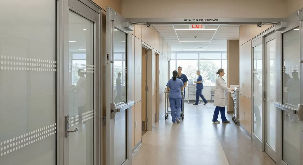 Frosted fire-rated glass partitions in hospital corridor with ADA stripes, egress doors, and staff in daylight.